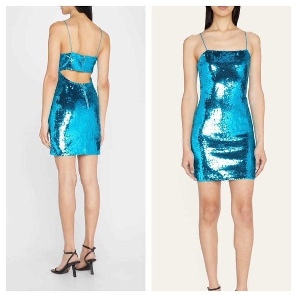 Alice + Olivia / Nelle Blue Sequin Mini cutout spaghetti strap Dress 8 - Picture 1 of 10